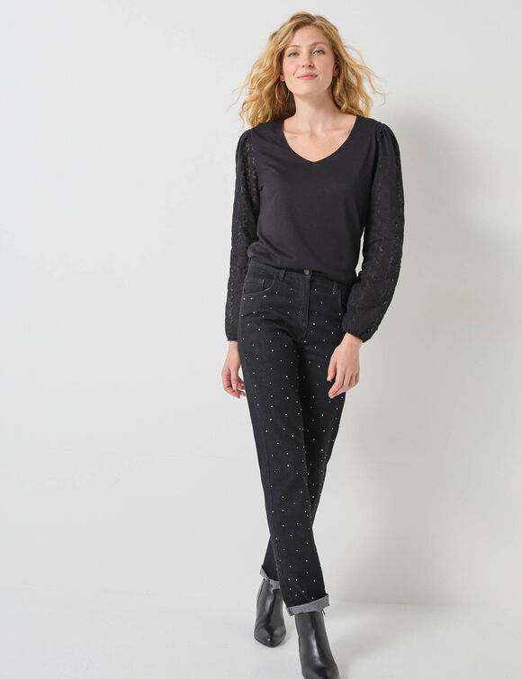 T-shirt col V manches dentelle (noir) T-shirt col V manches dentelle (noir)